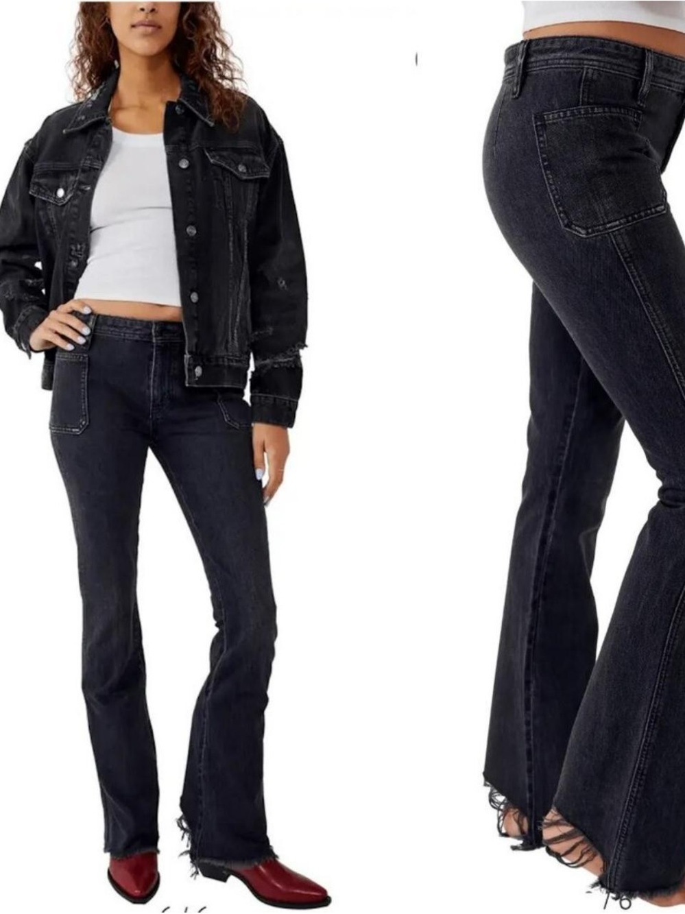 Free People Black Izzy Flare Raw Hem Jeans